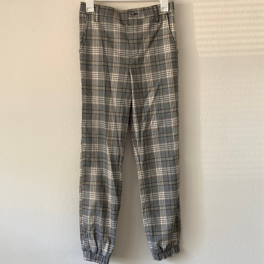 Full Tilt Elastic Jogger Pant, Gray and Yellow Plaid - Size S